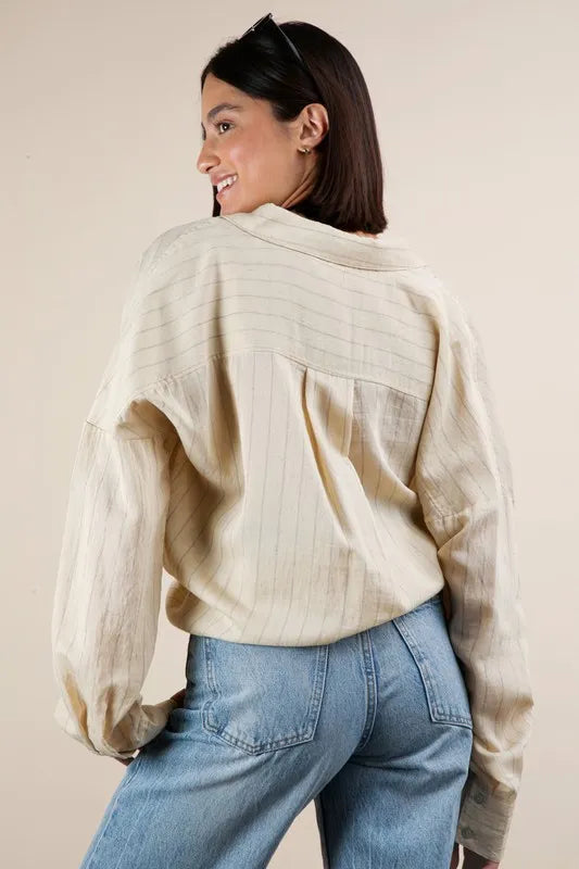 Beige Oversized Striped Button Down Shirt Top - Tigbul's Variety Fashion Shop