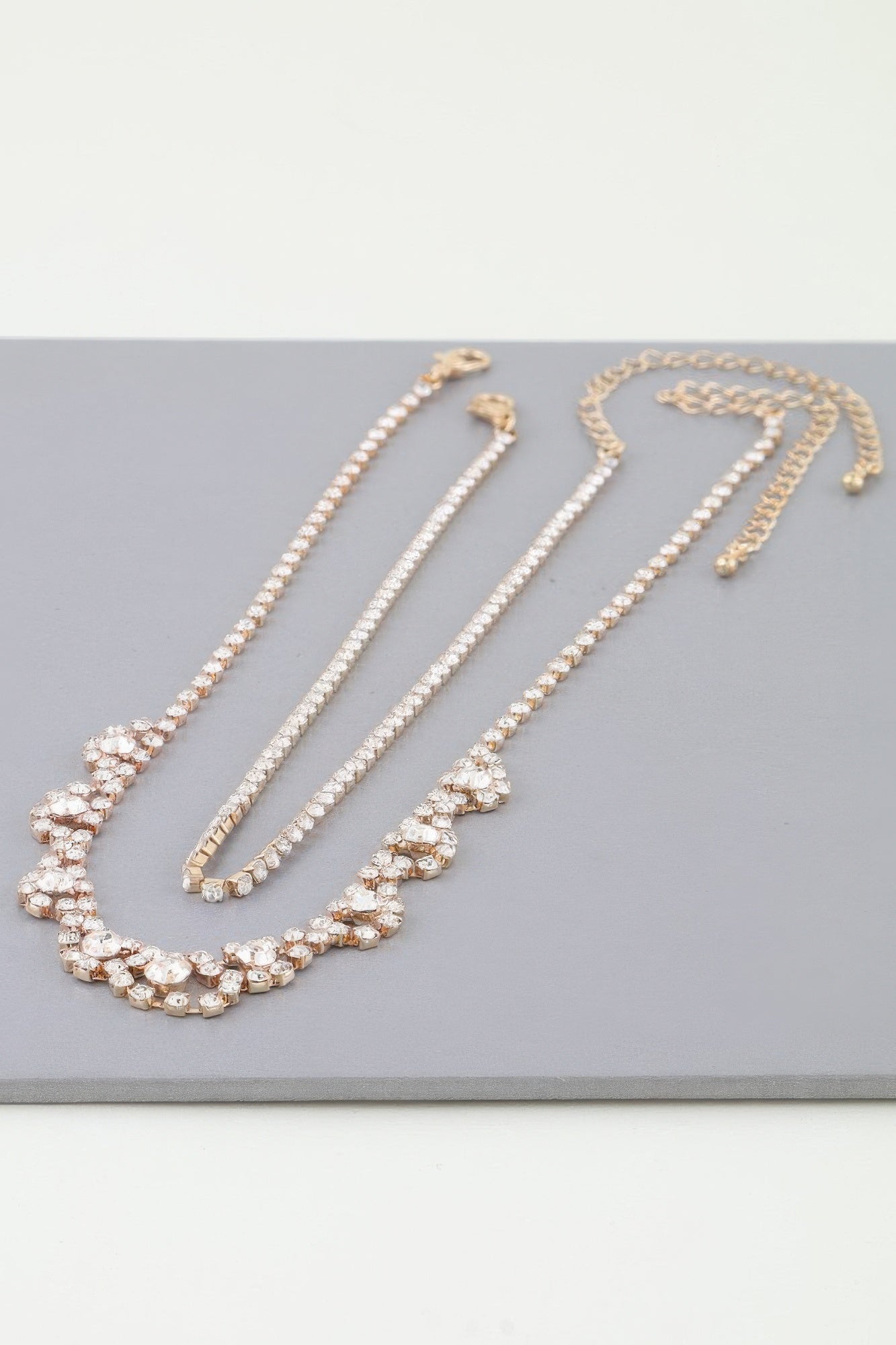 Gold rhinestone curtain drop necklace, three strand beaded style