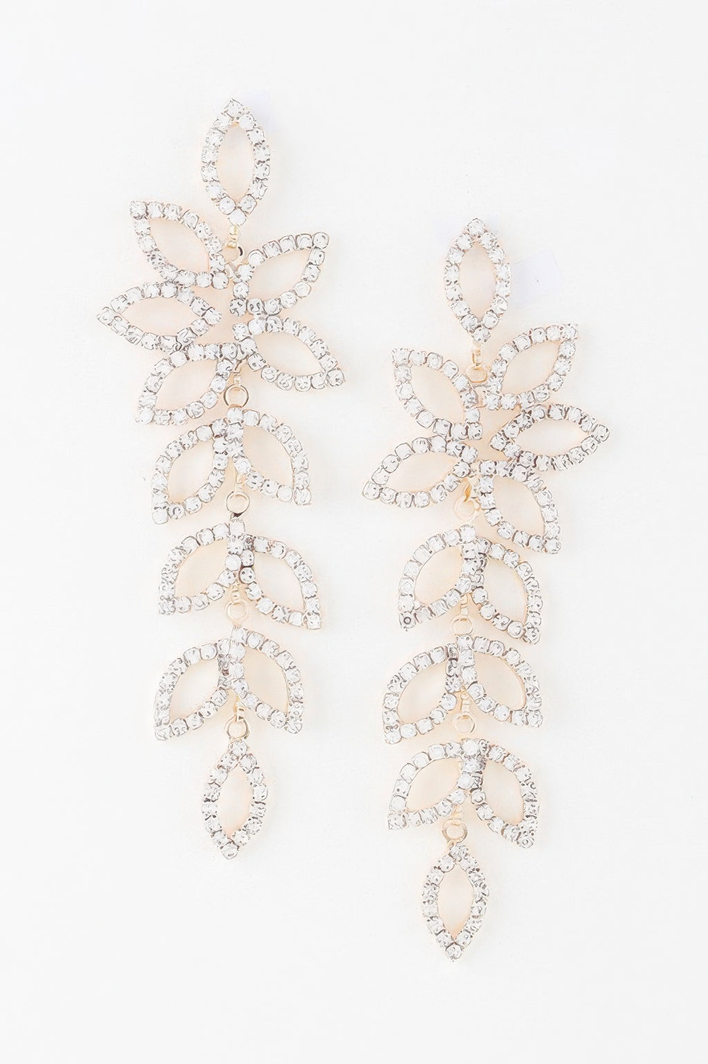 Bejeweled flower petal drop earrings with leaf-and-petal shapes and clear stones