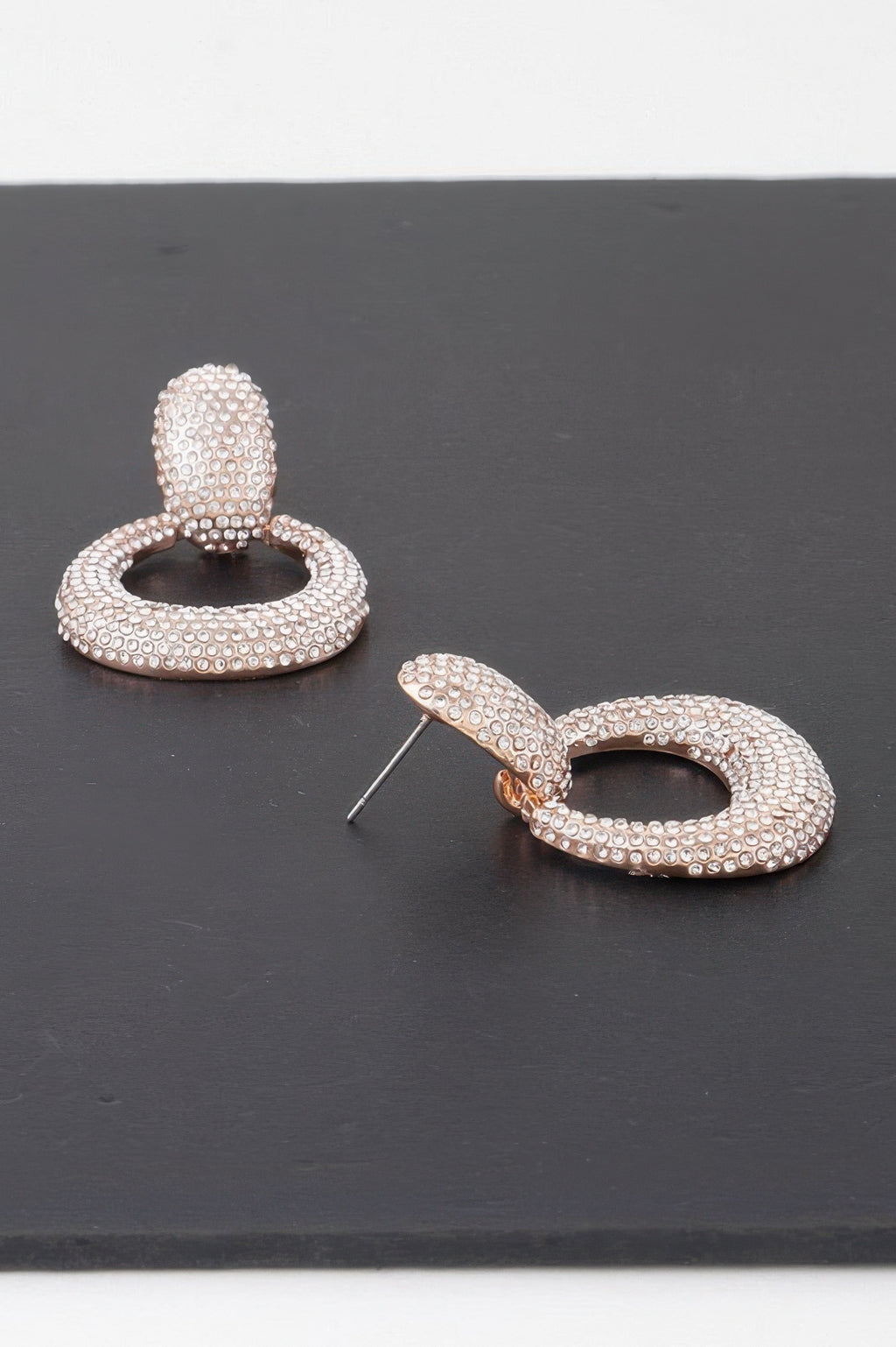 Bejeweled hoop drop earrings, gold-tone clear stones, teardrop hoop with post back