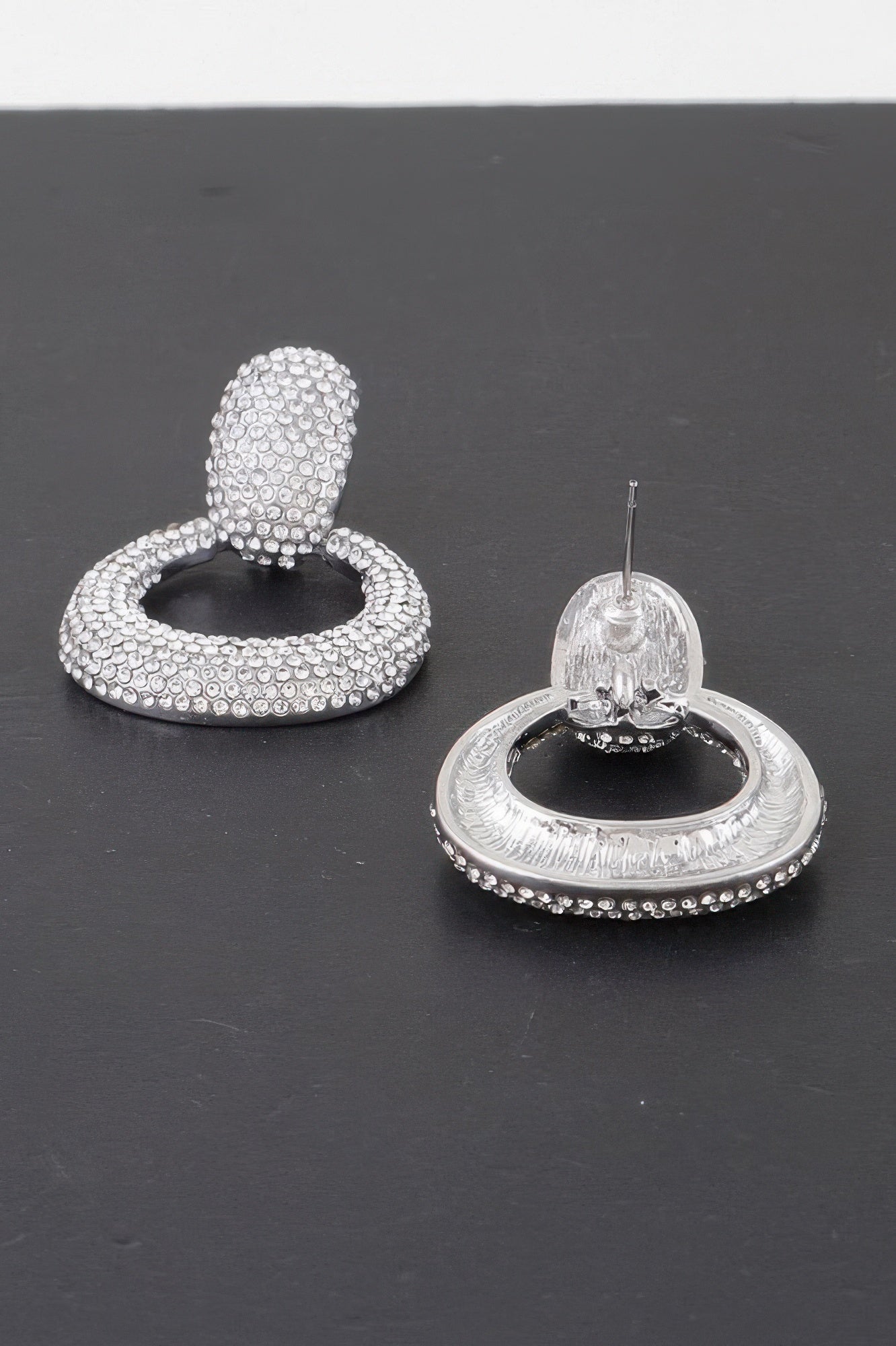 Bejeweled hoop drop earrings with halo-like outer hoop, silver-tone clear stones