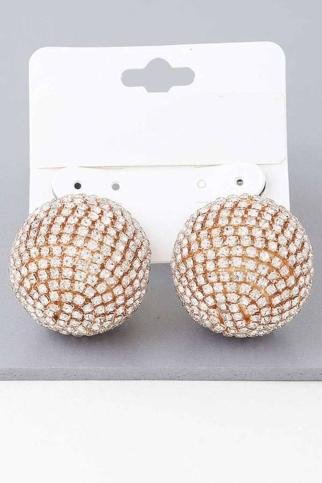 Gold clear rhinestone round disco earrings, sparkling mesh with post back
