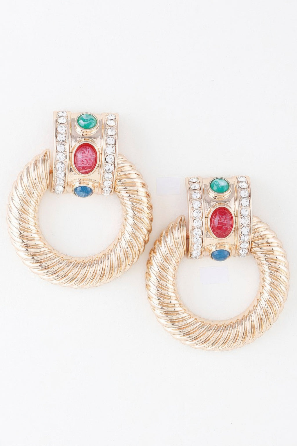 Gold multicolor twisted hoop drop earrings with red, green & blue jeweled centers