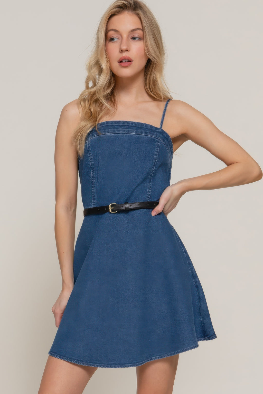 Denim cami A-line mini dress with belt, spaghetti straps and fitted waist