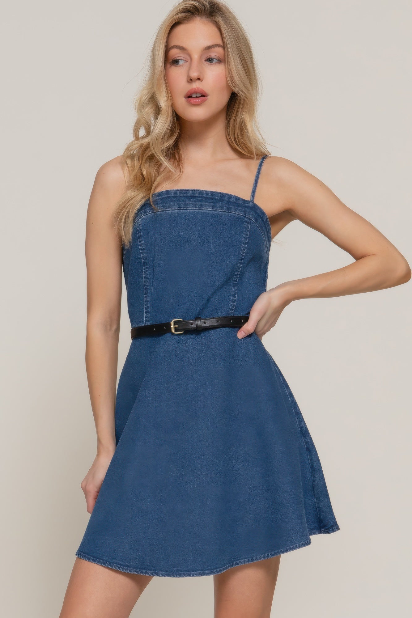 Denim cami A-line mini dress with belt, spaghetti straps and fitted waist