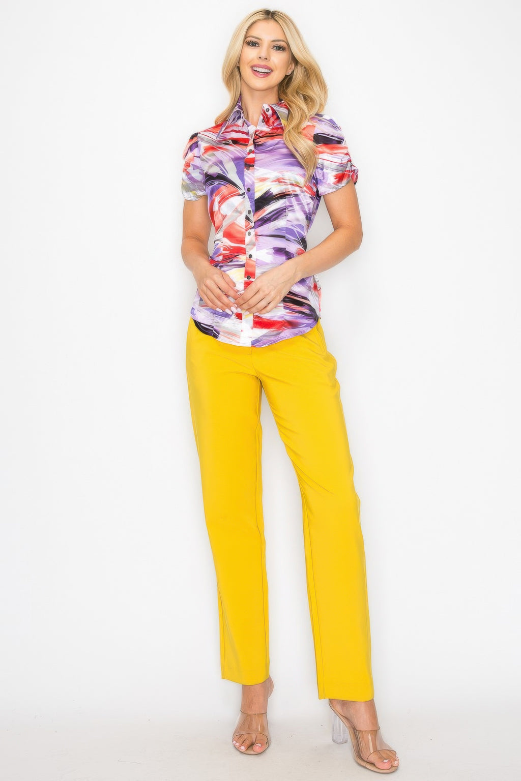 Watercolor blouse, short puff sleeves and snap buttons, belted waist, abstract purple-red print