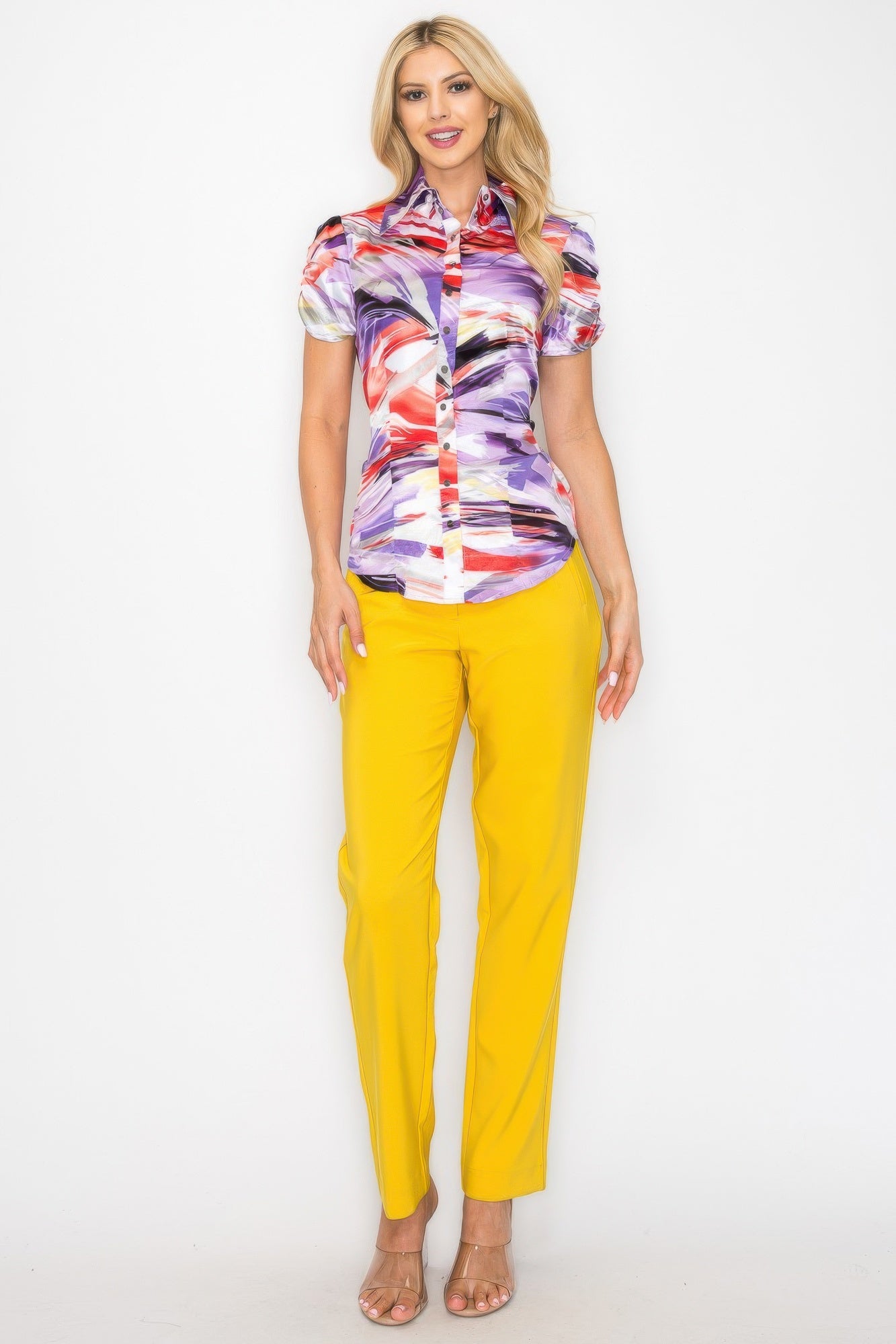 Watercolor blouse with short sleeves, snap-button closure, fitted belted waist, purple-red print
