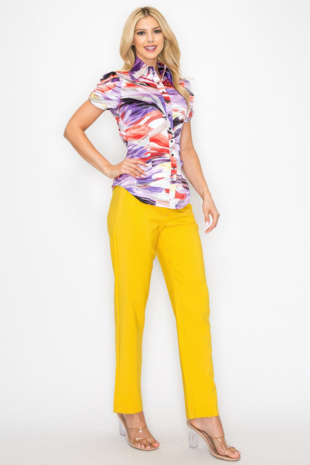Watercolor blouse with short sleeves, snap-button front, belted waist seam detail, purple-red print