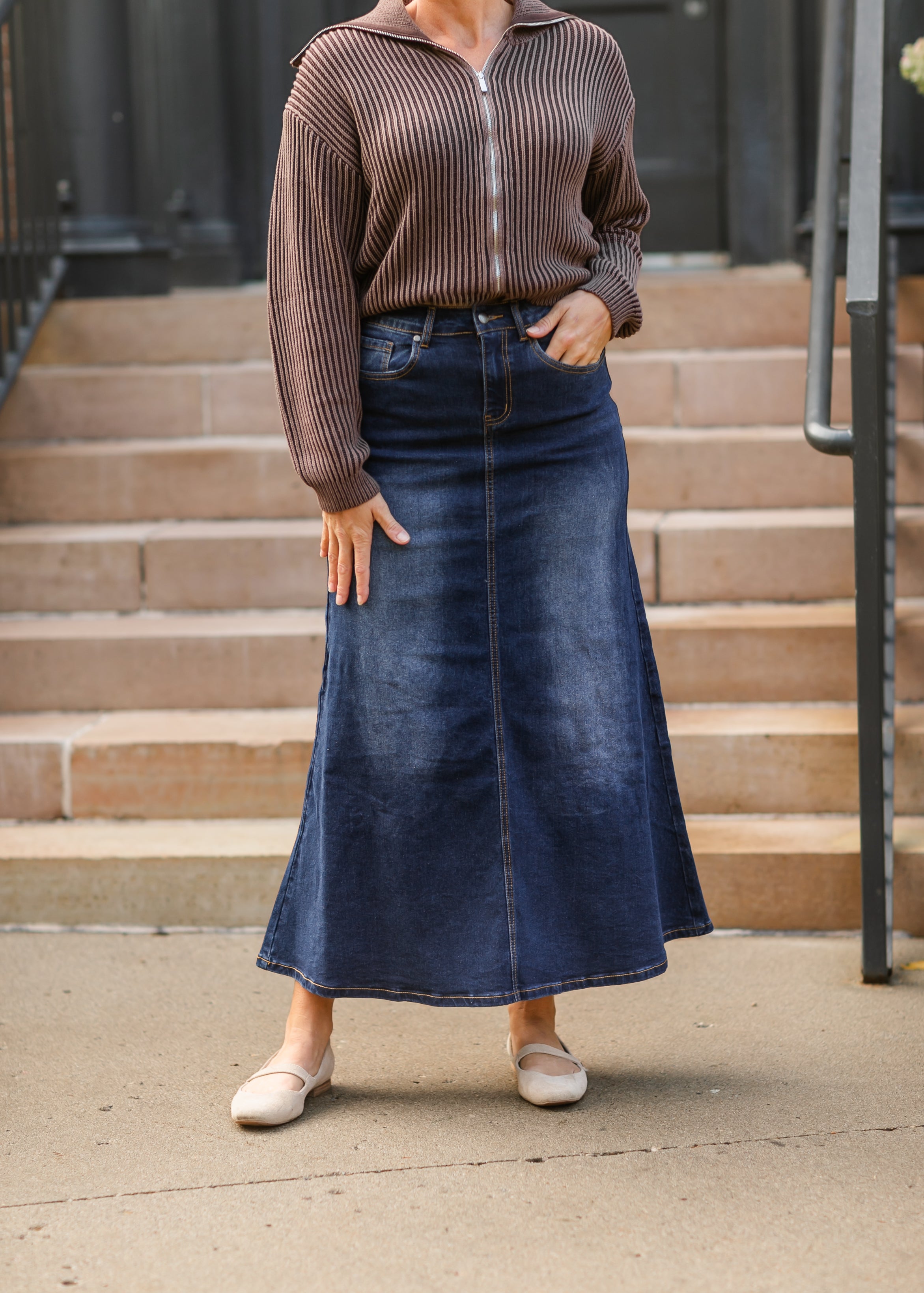 Bethany Dark Wash A-line Long Denim Skirt - FINAL SALE