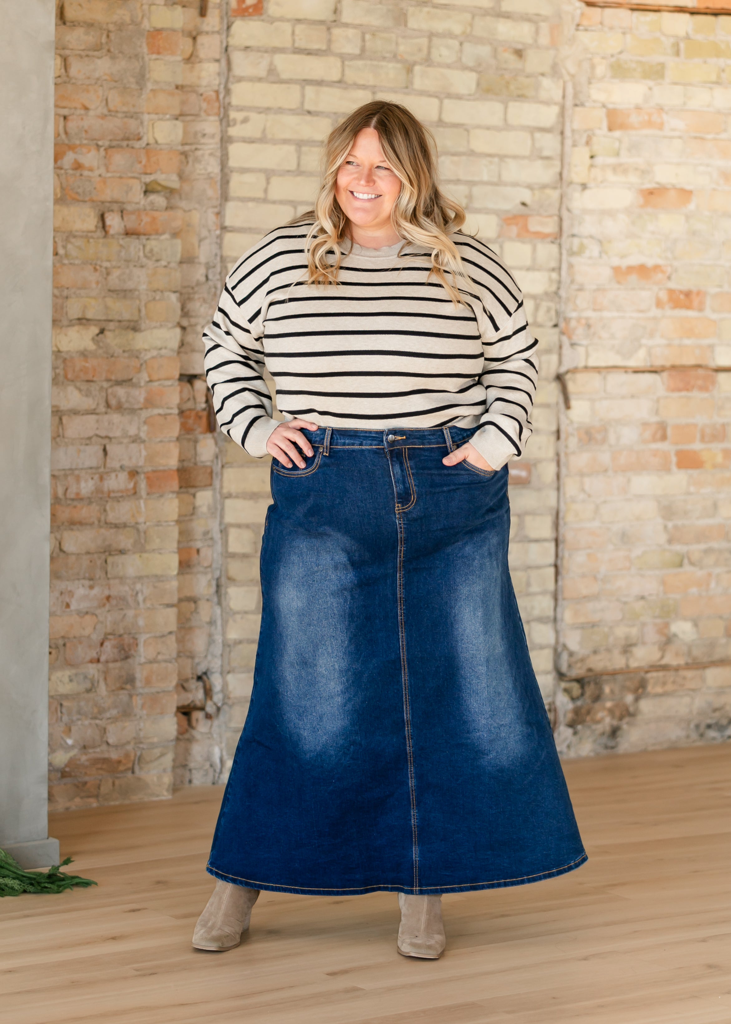 Bethany Dark Wash A-line Long Denim Skirt - FINAL SALE - Tigbul's Variety Fashion Shop