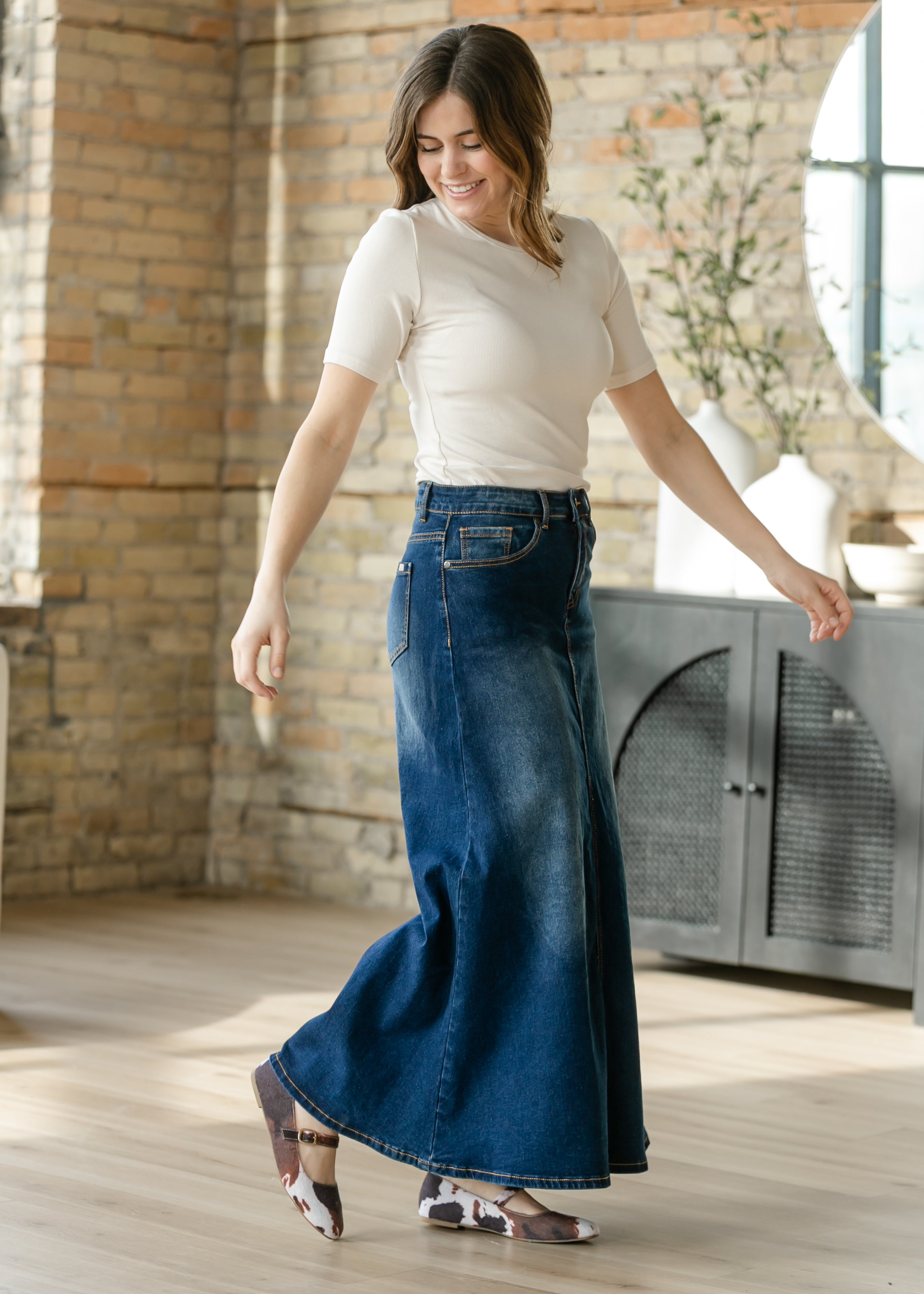 Bethany Dark Wash A-line Long Denim Skirt - FINAL SALE