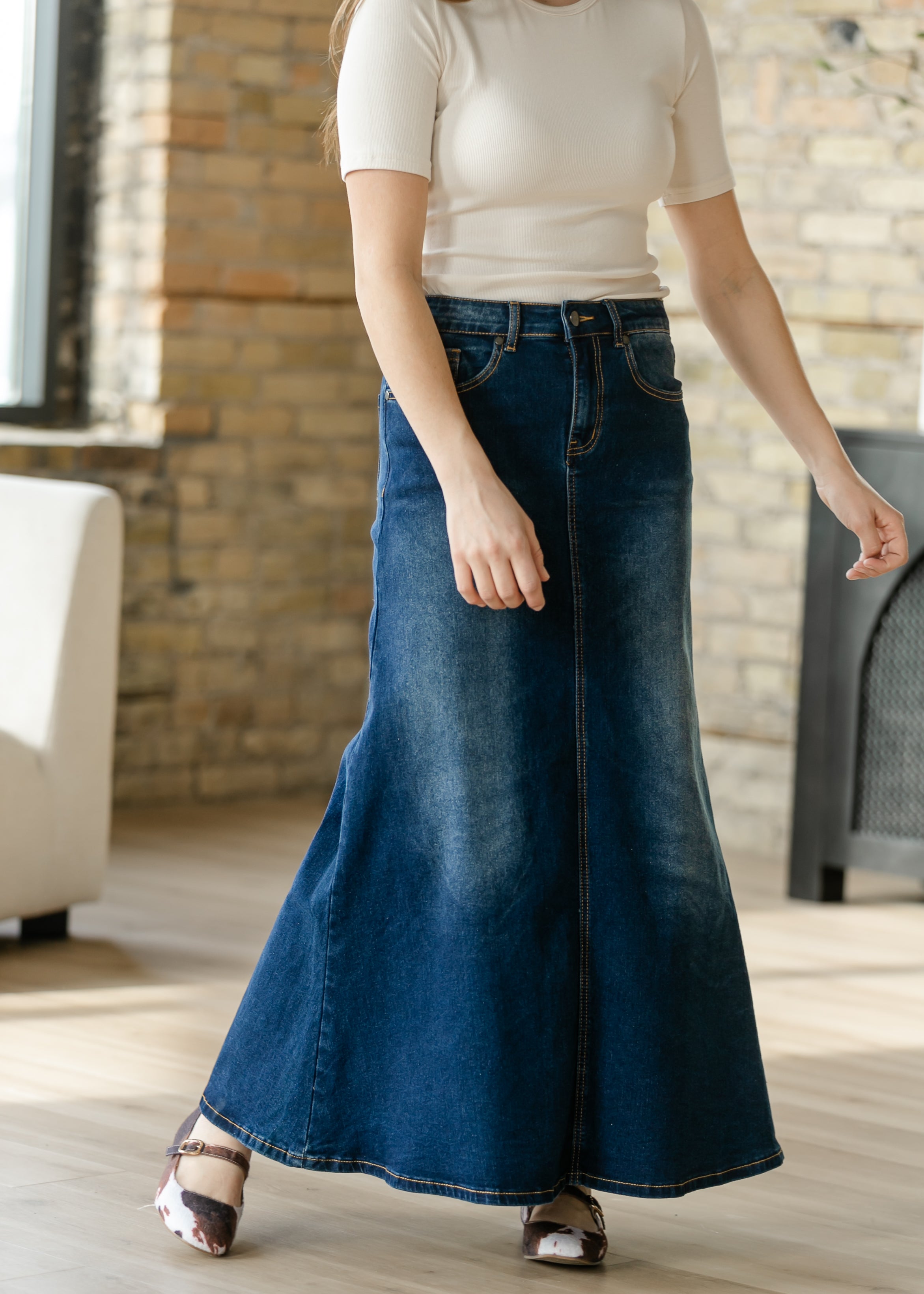 Bethany Dark Wash A-line Long Denim Skirt - FINAL SALE