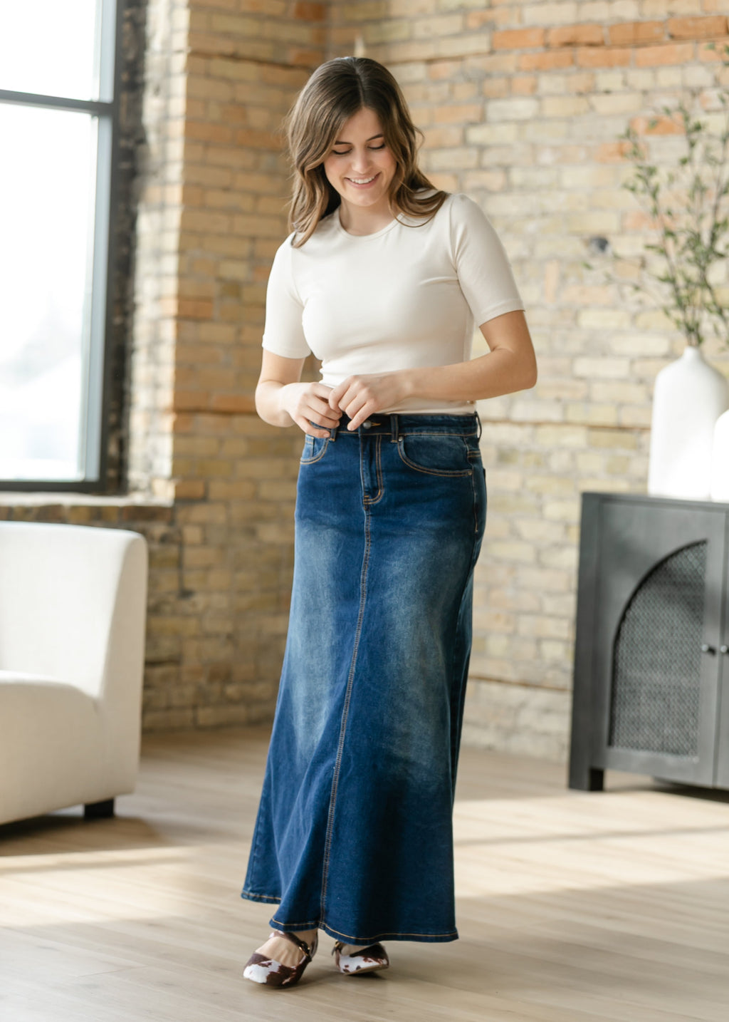 Bethany Dark Wash A-line Long Denim Skirt - FINAL SALE