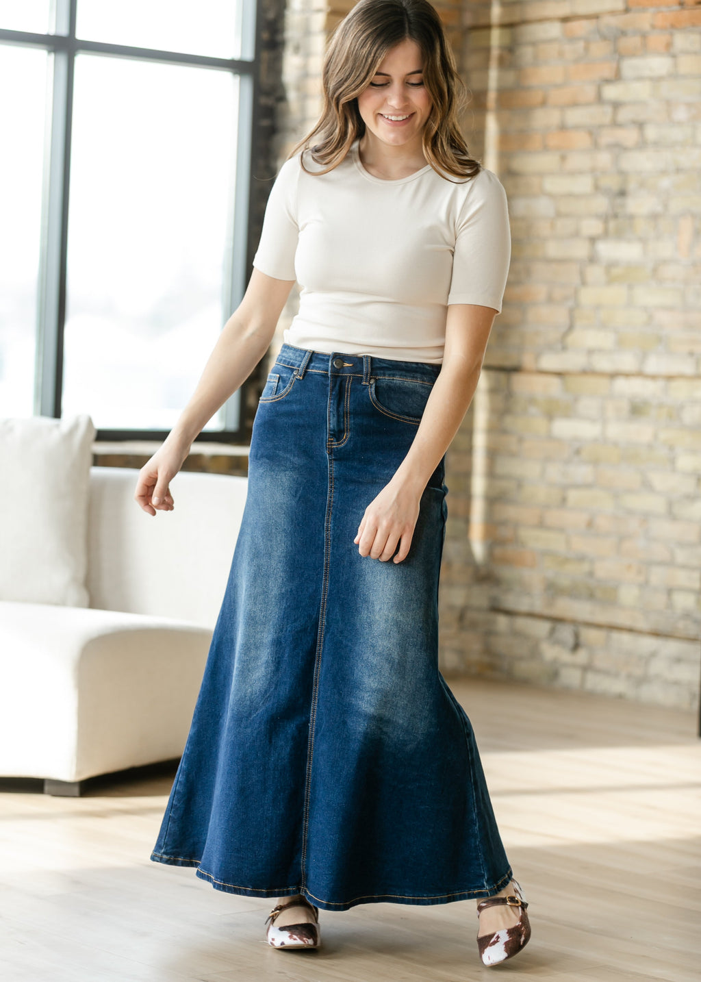 Bethany Dark Wash A-line Long Denim Skirt - FINAL SALE