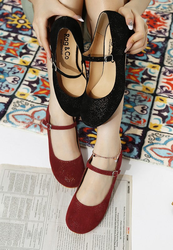 Bettola Shimmer Suede Mary Janes, black with buckle ankle strap and glitter finish