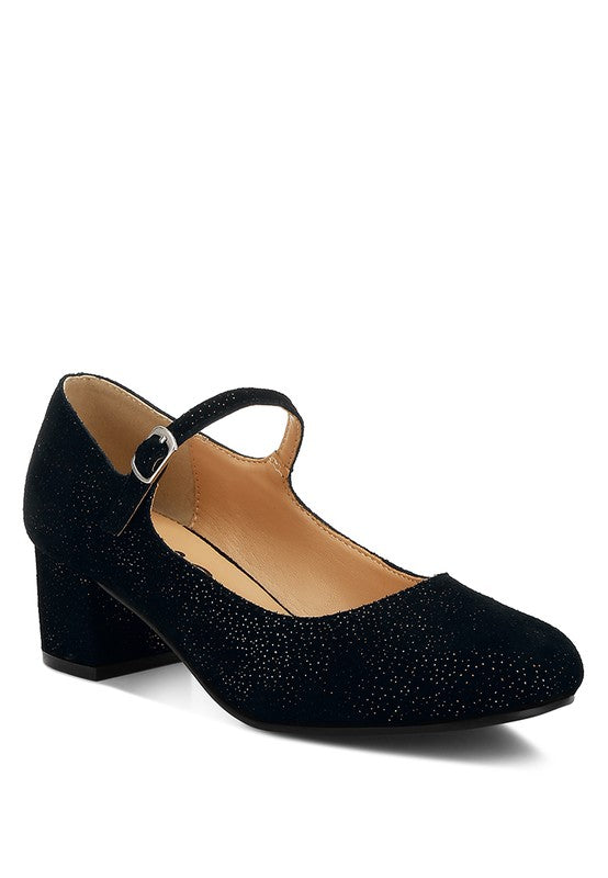 Black shimmer suede Mary Jane heels with buckle ankle strap and rounded toe