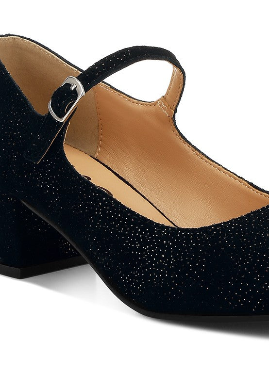 Black Mary Jane heel with glitter suede upper and ankle strap buckle