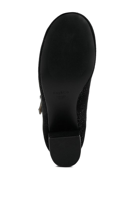 Black Mary Jane heel outsole with textured tread and low block heel