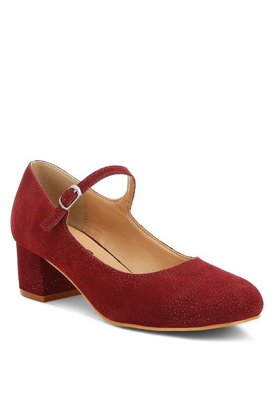 Bettola Shimmer Suede Mary Janes, burgundy with buckle ankle strap and block heel