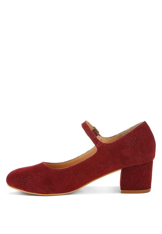 Burgundy shimmer suede Mary Jane with ankle strap and chunky block heel