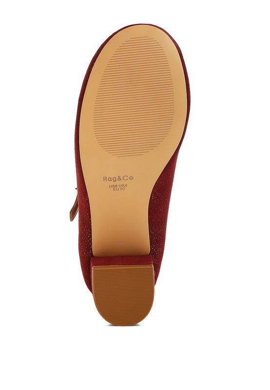 Burgundy Mary Jane sole underside with textured rubber tread