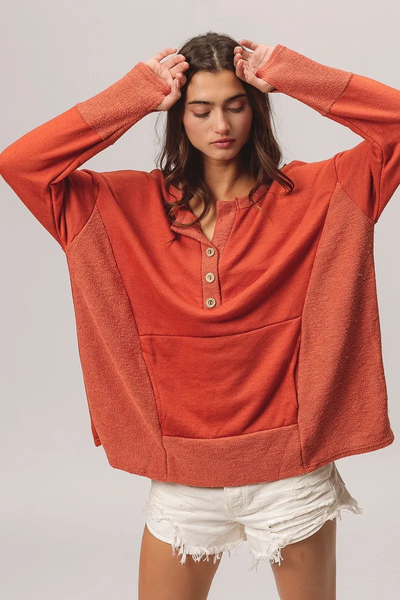 BiBi French Terry Knit Side Block Buttoned Henley Top - Tigbul's Variety Fashion Shop