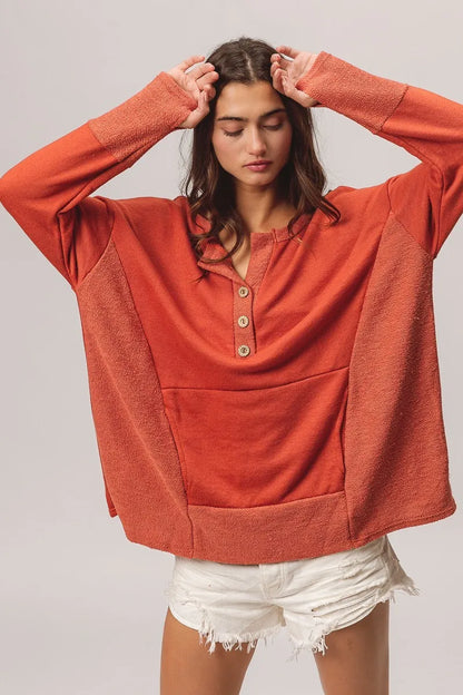 BiBi French Terry Knit Side Block Buttoned Henley Top - Tigbul's Variety Fashion Shop