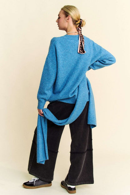 Davi & Dani V-Neck Dropped Shoulder Sweater with Scarf - Tigbul's Variety Fashion Shop