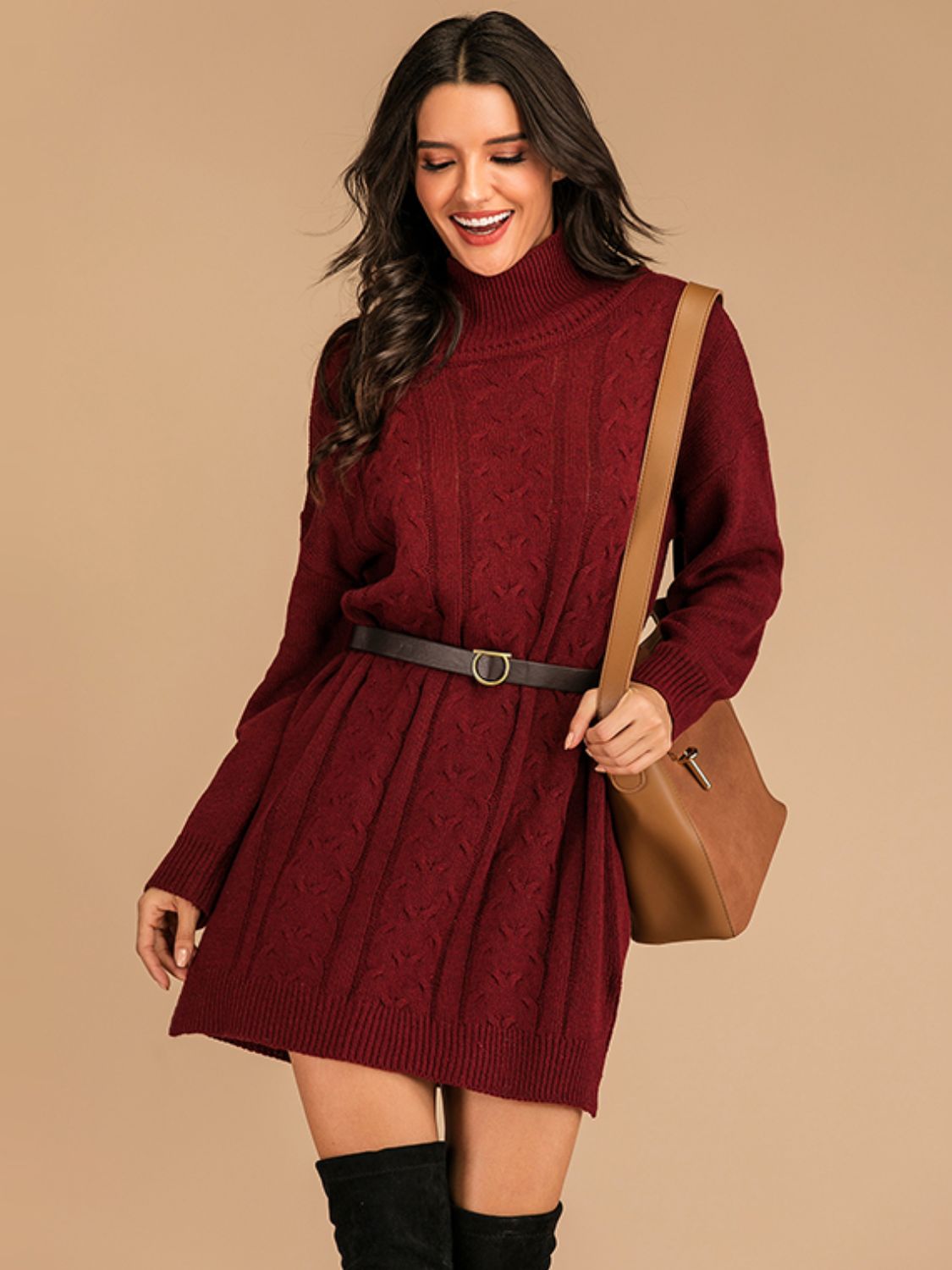 Perfee Slit Turtleneck Long Sleeve Mini Sweater Dress - Tigbul's Variety Fashion Shop