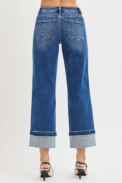 RISEN Mid Rise Ankle Straight Jeans with Cuffed Hem - Tigbul's Variety Fashion Shop