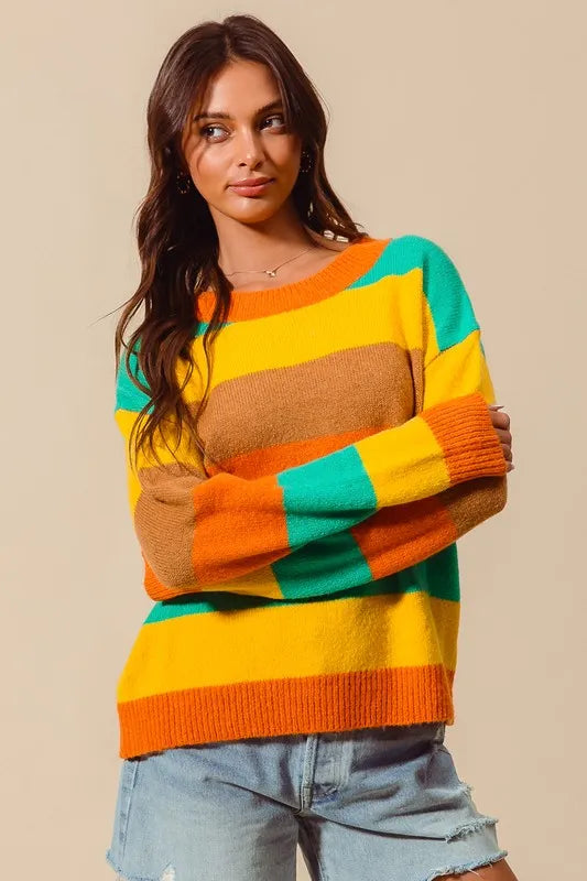 SO ME Multi Color Stripe Sweater with Ribbed Detail - Tigbul's Variety Fashion Shop