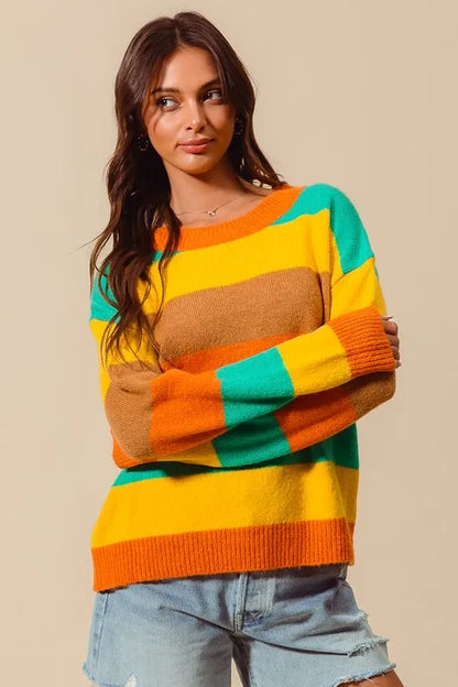 SO ME Multi Color Stripe Sweater with Ribbed Detail - Tigbul's Variety Fashion Shop