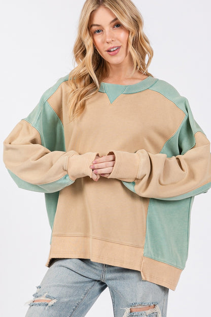 SAGE + FIG Color Block Round Neck Sweatshirt - Tigbul's Variety Fashion Shop