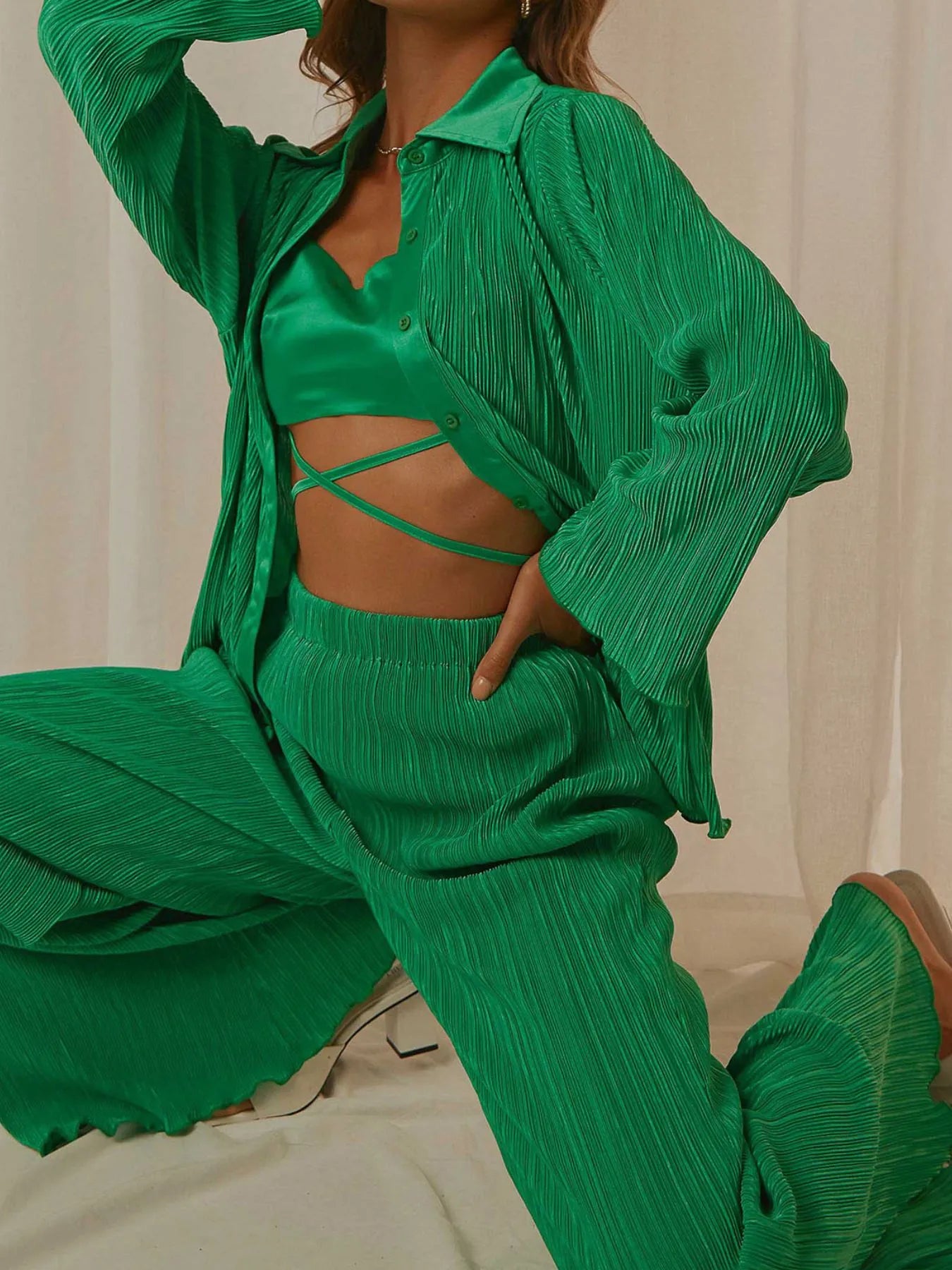 Button Up Long Sleeve Top and Pants Set - Tigbul's Variety Fashion Shop