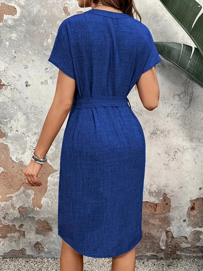Casual Textured Notched Tie-Waist Dress - Tigbul's Variety Fashion Shop