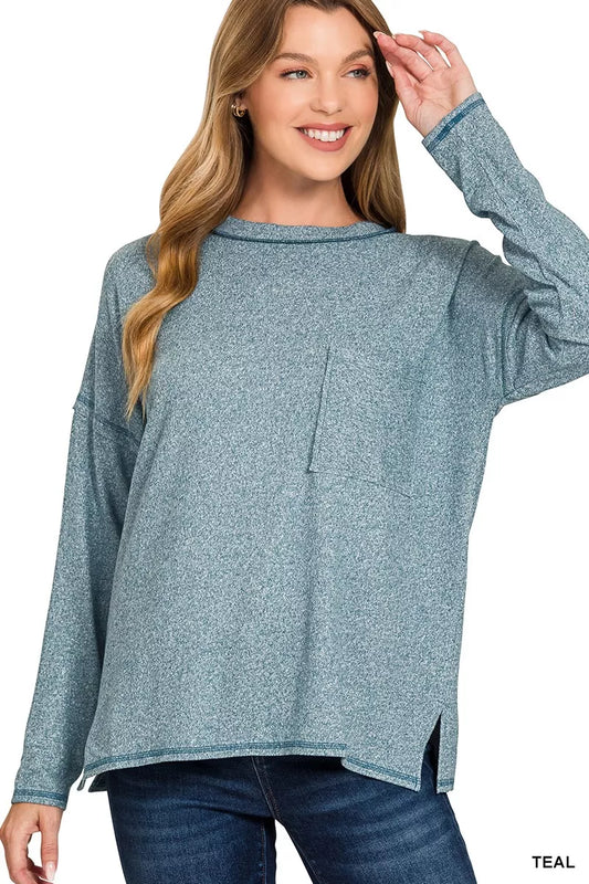 Zenana Soft Melange Hacci Round-Neck Long Sleeve T-Shirt - Tigbul's Variety Fashion Shop
