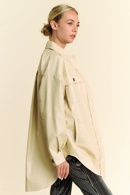 Beige Faux Leather Button Up Jacket with Chest Pockets - Tigbul's Variety Fashion Shop