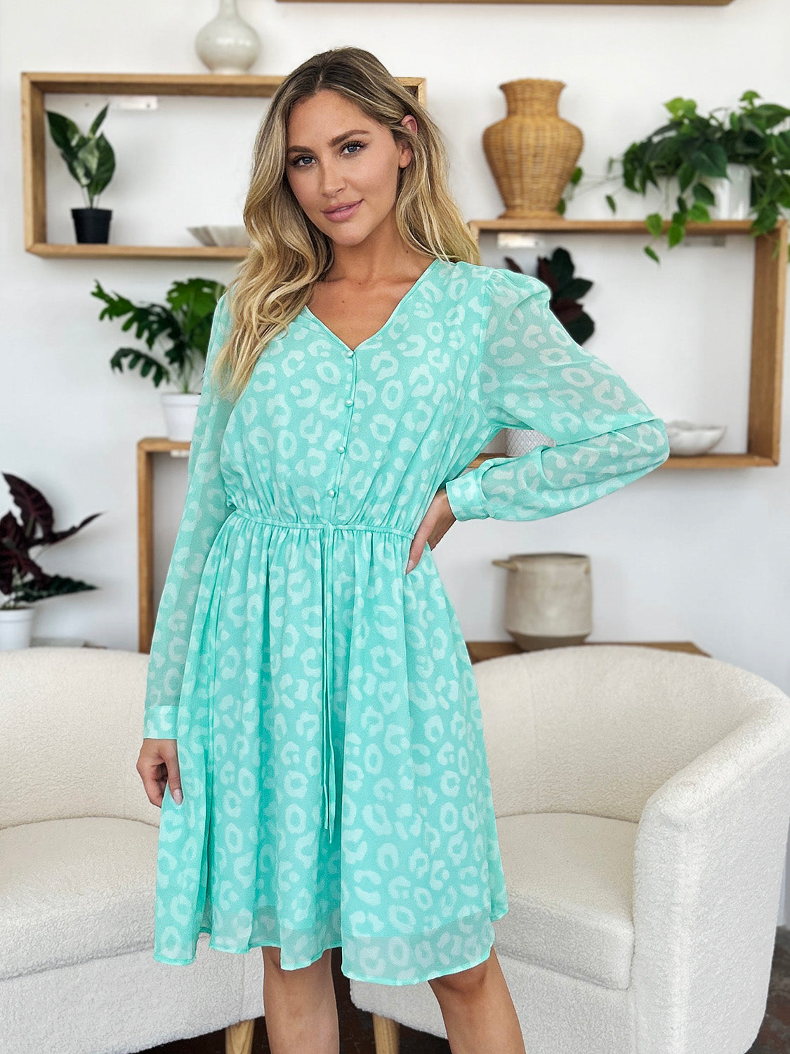 Double Take Full Size Printed Ruched V-Neck Long Sleeve Dress - Tigbul's Variety Fashion Shop