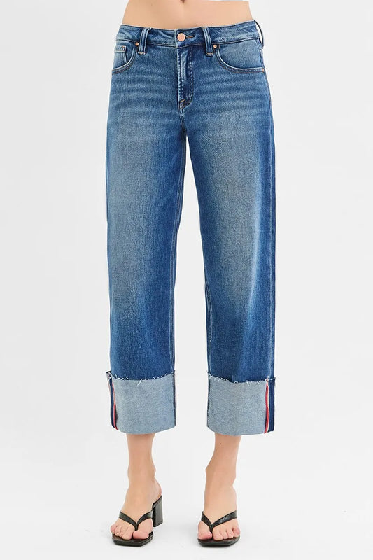 RISEN Tummy Control Mid Rise Crop Wide Cuffed Jeans - Tigbul's Variety Fashion Shop