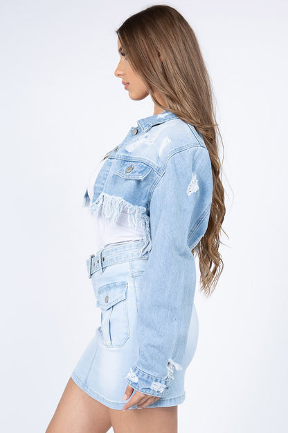 Light Blue Distressed Cropped Denim Jacket with Frayed Hem - Tigbul's Variety Fashion Shop