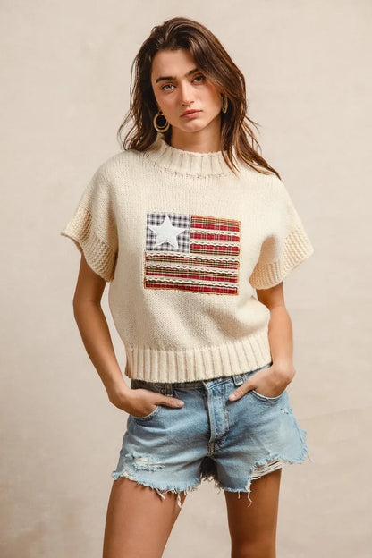 BiBi American Flag Patchwork Drop Shoulder Sweater - Tigbul's Variety Fashion Shop