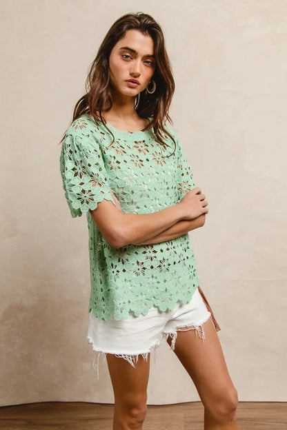 BiBi Openwork Crochet Short Sleeve Knit Top - Tigbul's Variety Fashion Shop