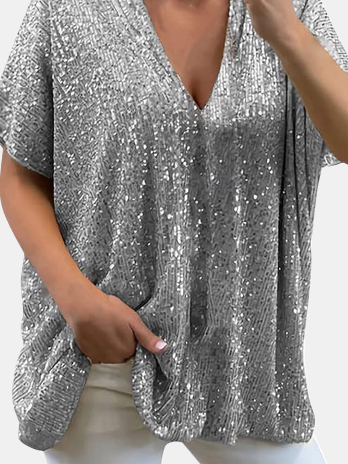 Sequin V-Neck Short Sleeve Top Blouse, Small to 3XL - Tigbul's Variety Fashion Shop