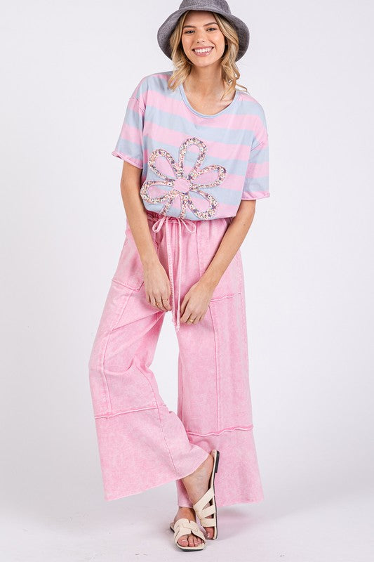 Pink Mineral Washed Terry Wide Leg Pants - Tigbul's Variety Fashion Shop