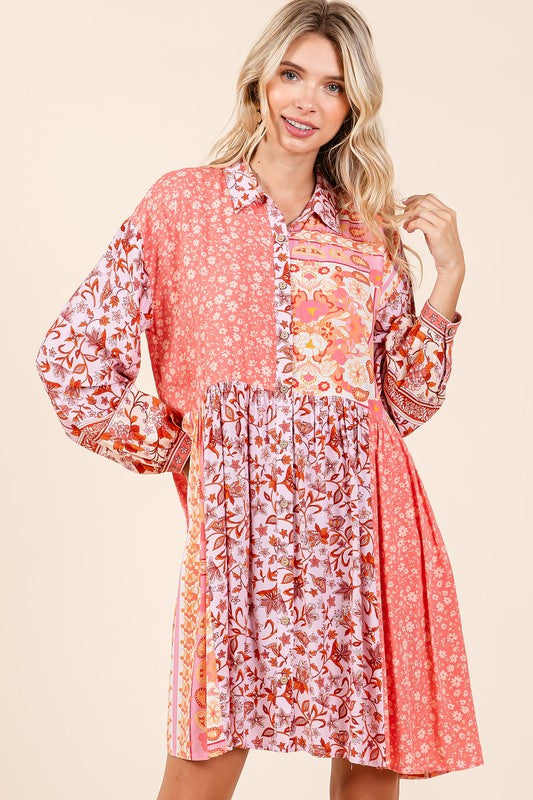 Pink Floral Button Detail Long Sleeve Shirt Dress - Tigbul's Variety Fashion Shop