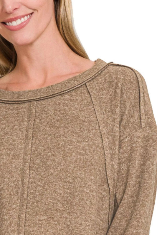 Zenana Brushed Hacci Exposed Seam Hi Low Sweater - Tigbul's Variety Fashion Shop
