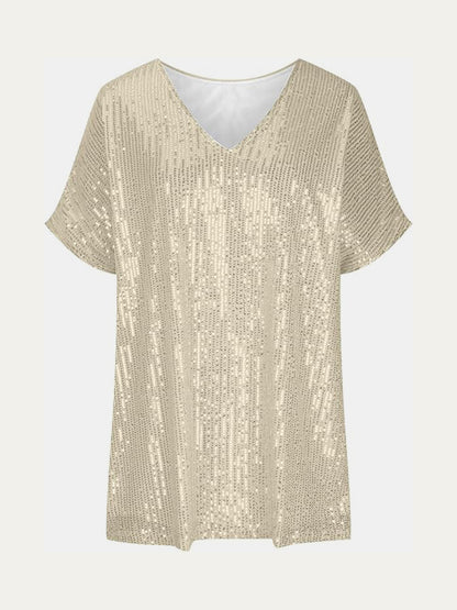 Sequin V-Neck Short Sleeve Top Blouse, Small to 3XL - Tigbul's Variety Fashion Shop