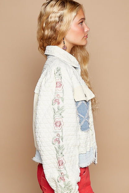 POL Embroidered Sleeve Raw Edge Quilted Jacket - Tigbul's Variety Fashion Shop