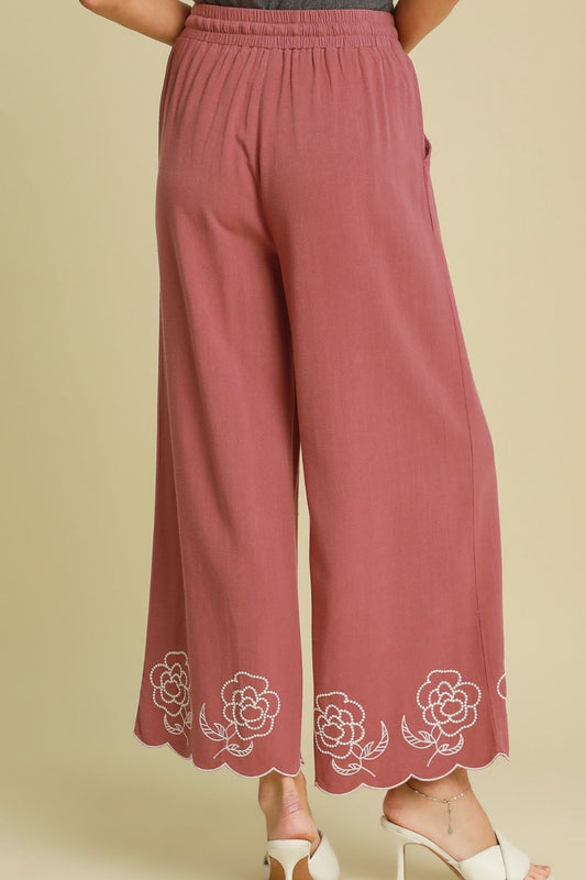 Umgee Full Size Linen Blend Wide Leg Pants with Scalloped Hemline Plus Size - Tigbul's Variety Fashion Shop