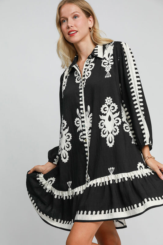 Black Border Print Button Down Ruffled Hem Dress - Tigbul's Variety Fashion Shop